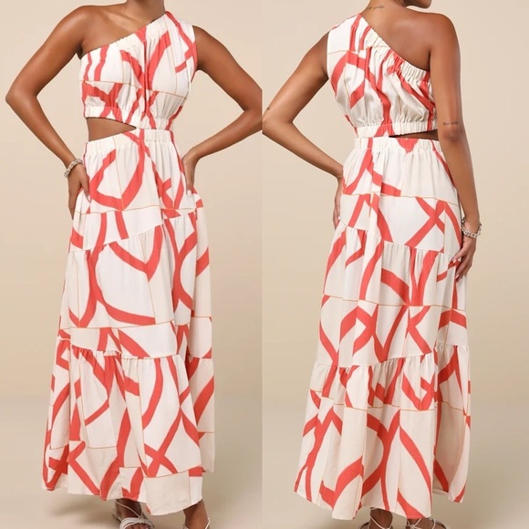 Yasmin White and Coral Abstract Linen One-Shoulder Maxi Dress